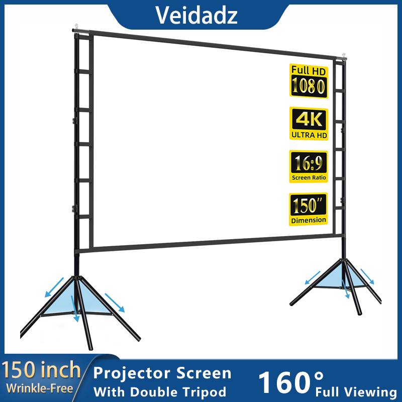 Projector Screen 100 Inch - スタンド付きVidadz-プロジェクタースクリーン、白いしわのない、160 ° 表示角度、60-150インチ、両面、ホームシアター、アウトドア