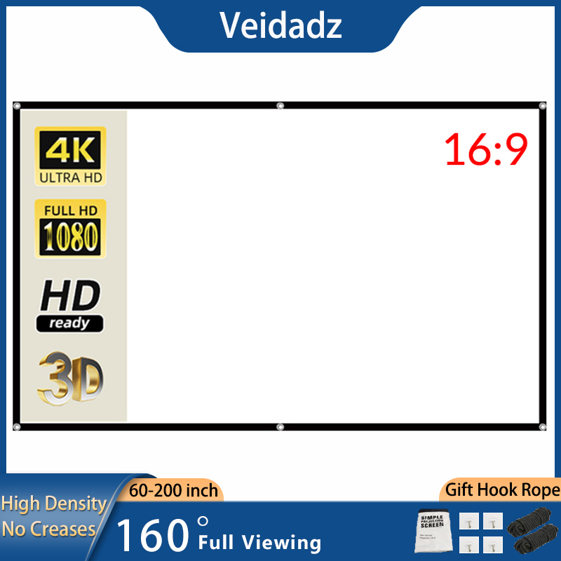 Projector Screen 100 Inch - VEIDADZ-ポータブル折りたたみ式プロジェクタースクリーン,白,高密度,ソフトスクリーン,16:9,屋内および屋外用,60〜200インチ