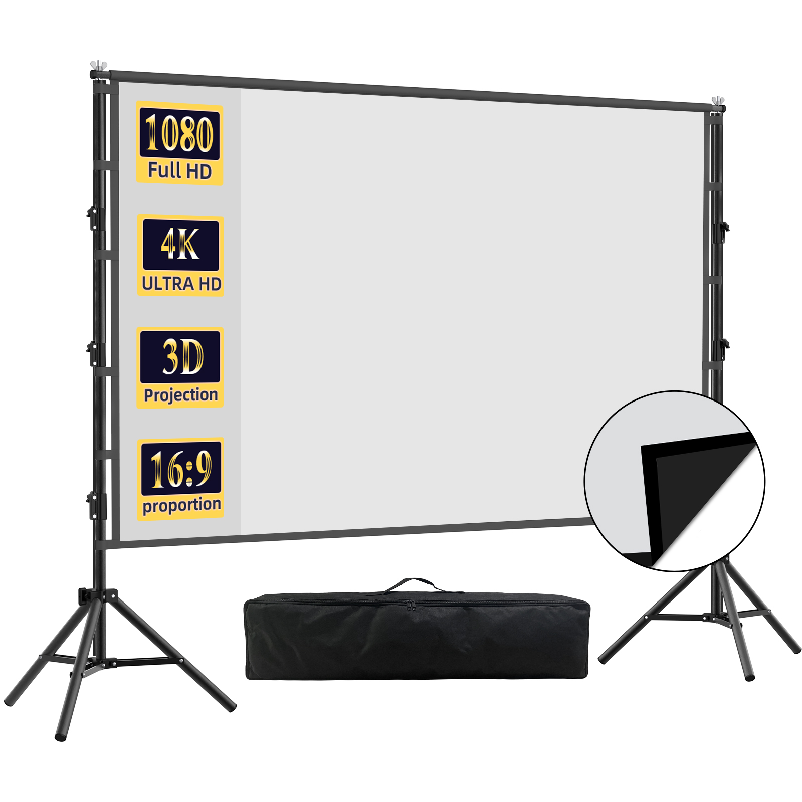Projector Screen 100 Inch - VEIDADZ 投影スクリーン スタンド付き、黒色背景、しわになりにくい、60-150インチ、ホームシアターや屋外での使用に最適